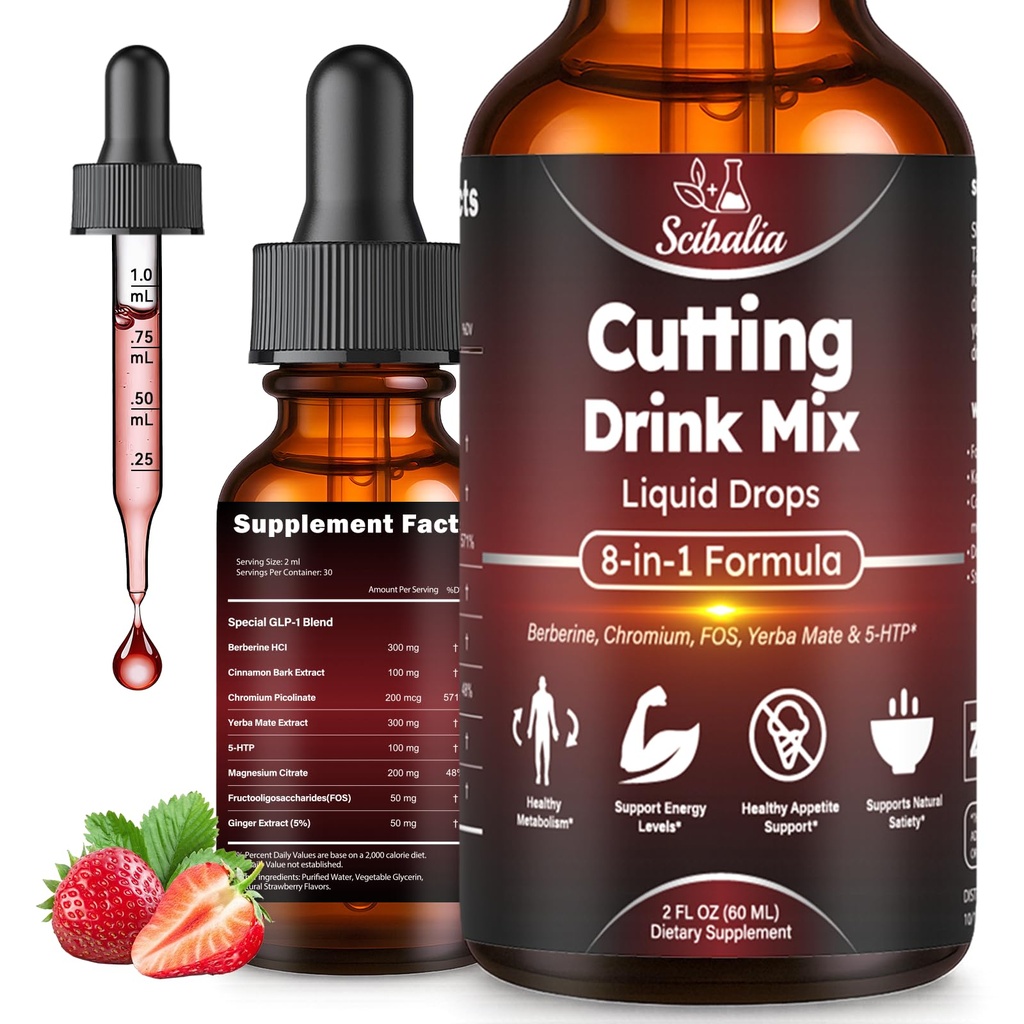 Cutting Mix Drink Liquid Drops, Metabolism & Satiety Support w. Berberine Yerba Mate Magensium Chromium FOS & 5-HTP for Energy & Gut Health, Strawberry Acai Flavor 30 Servings