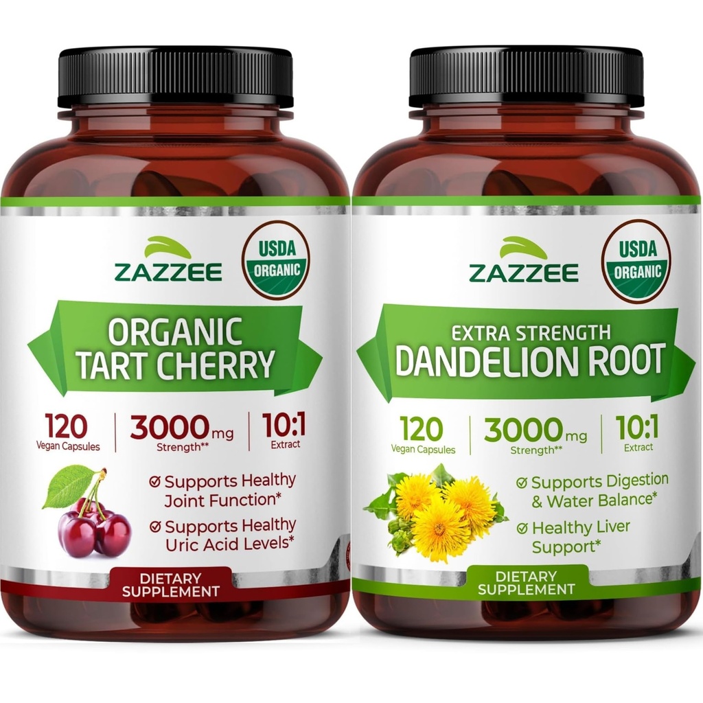 Zazzee Herbal Uric Acid Cleanse Bundle | USDA Organic Dandelion Root Extract Capsules Plus Super Concentrated 10:1 Organic Tart Cherry Extract Capsules | Non-GMO Vegan & ISO Lab Tested