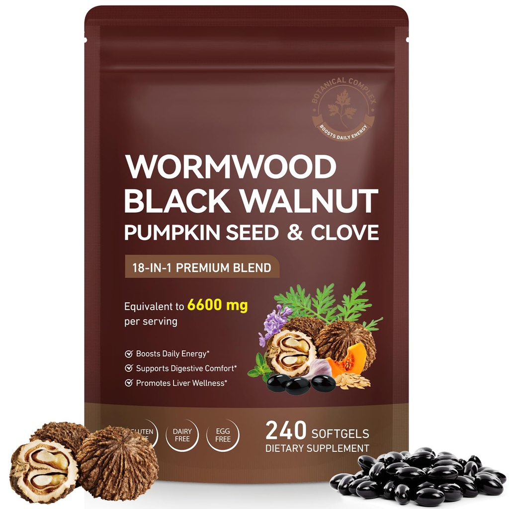 Wormwood Black Walnut Clove Cleanse for Humans, Herbal Complex for Intestinal & Digestive Balance, with Pumpkin Seed, Turmeric, Garlic, Oregano & Berberine - 240 Softgels