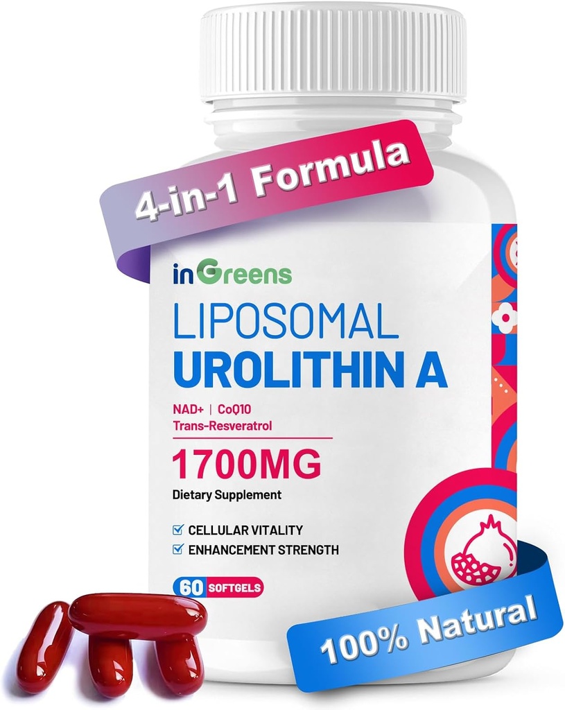 Urolitina Un supplemento 1700mg con NAD+, CoQ10, Trans-Resveratrolo Supplemento per le donne degli uomini, 60 Softgel per la salute quotidiana e il supporto antiossidante, l'energia muscolare, l'invecchiamento sano, altamente biodisponibile