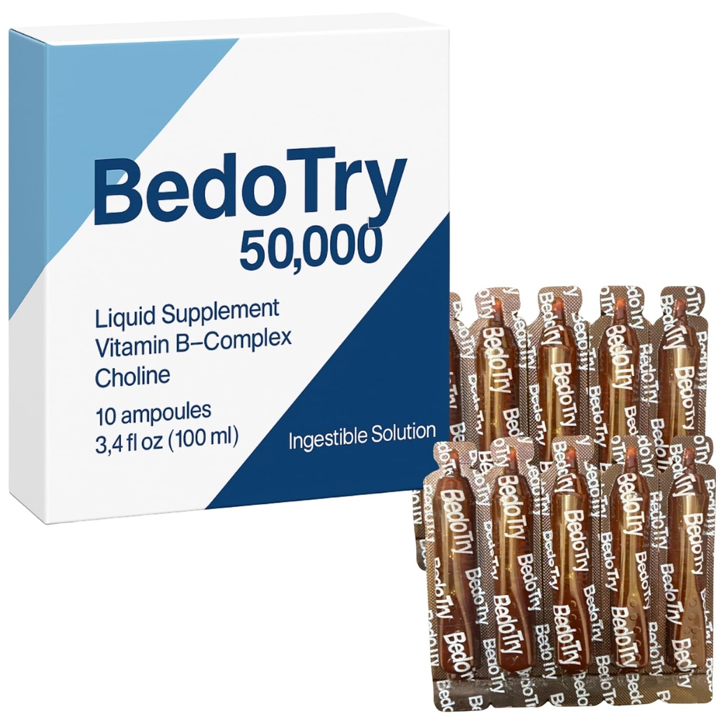 BedoTry 50,000 Liquid Vitamin B-Complex Supplement Bedotry Vitaminas Complejo B Ampolletas – 10 Ampoules (3.4 fl oz) – with Choline – Supports Energy, Metabolism & Nerve Health