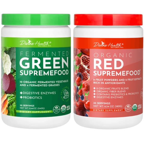 Divine Health Dr. Colbert, MD Superfood Package | 30 Servings of Green Supremefood & Red Supremefood 14 Organic and Fermented Green Vegetables and Grasses | 8 Organic Fruits