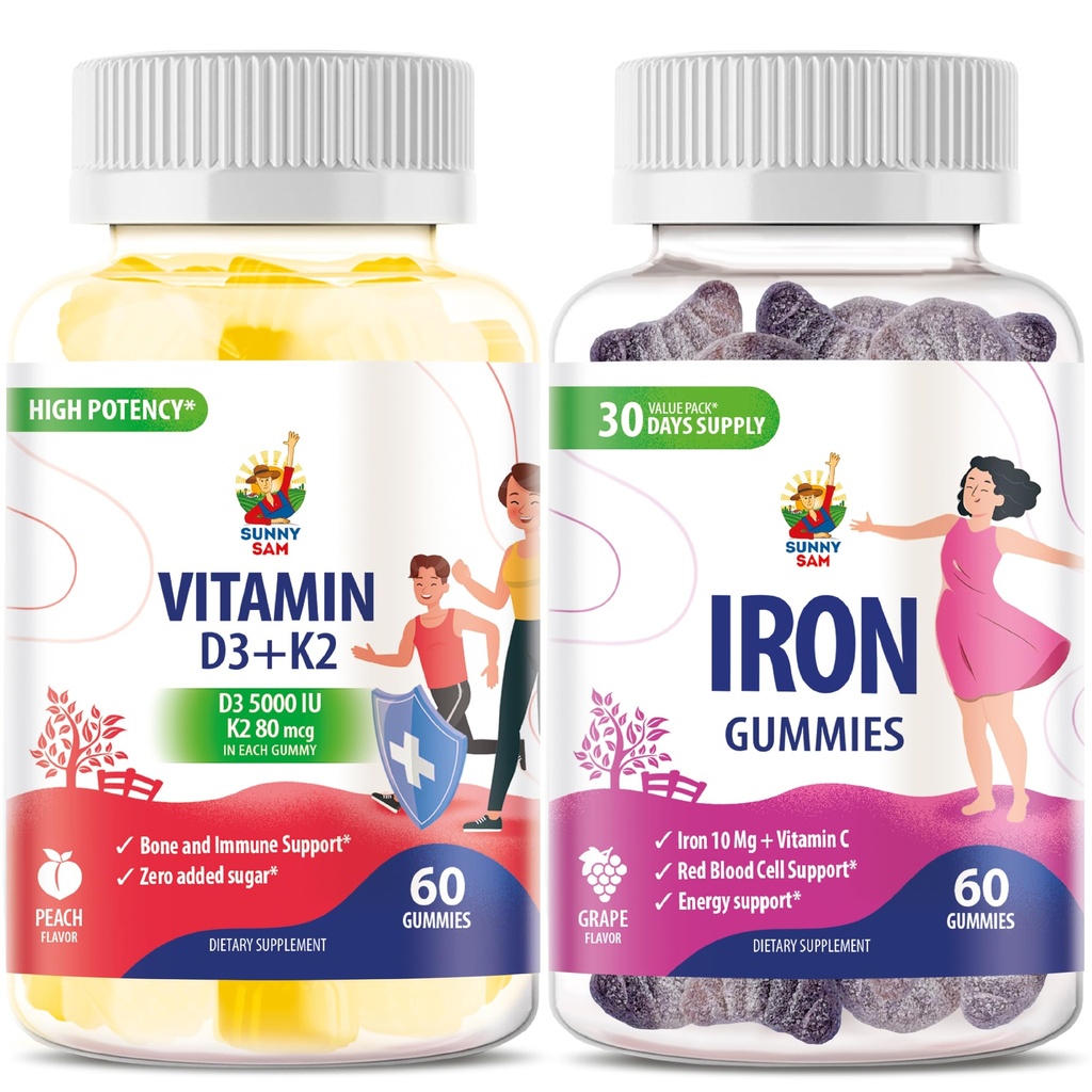 SUNNY SAM Vitamin D3 K2 Gummies 5000 IU & Iron Vitamins with Vitamin C