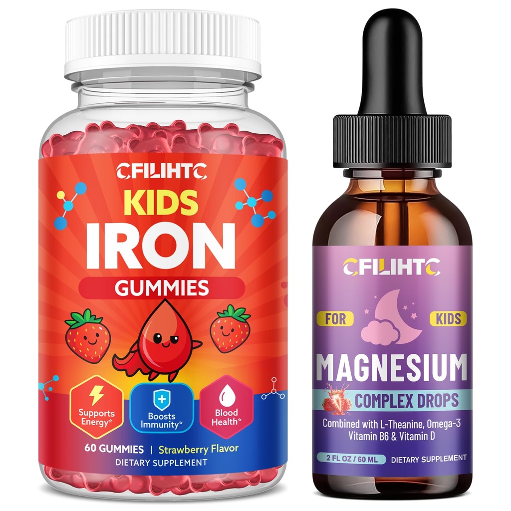 Kids Magnesium Liquid Drops & Iron Gummies for Kids & Teens & Adults