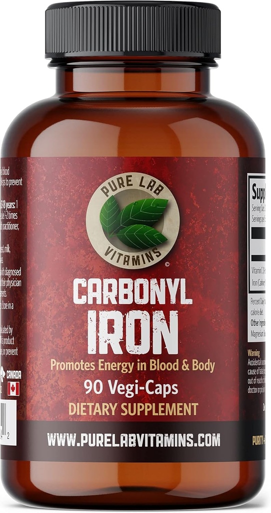 Pure Lab Vitamins Carbonyl Iron - 90 Vegan Caps Formulazione unica di ferro metallico con VIT C, Biodisponibilità Superior - Non-Constipating, Supporti Red Blood Cell Formazione Made in Canada