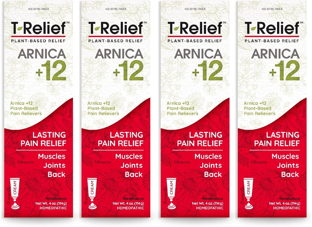 T-relief Arnica +12 Crema naturale che allevia gli attivi per la schiena dolore Joint Soreness Muscolo Aches & Stiffness, Intero corpo azione rapida sollievo per le donne & uomini - 4 oz (4 pacchetto)
