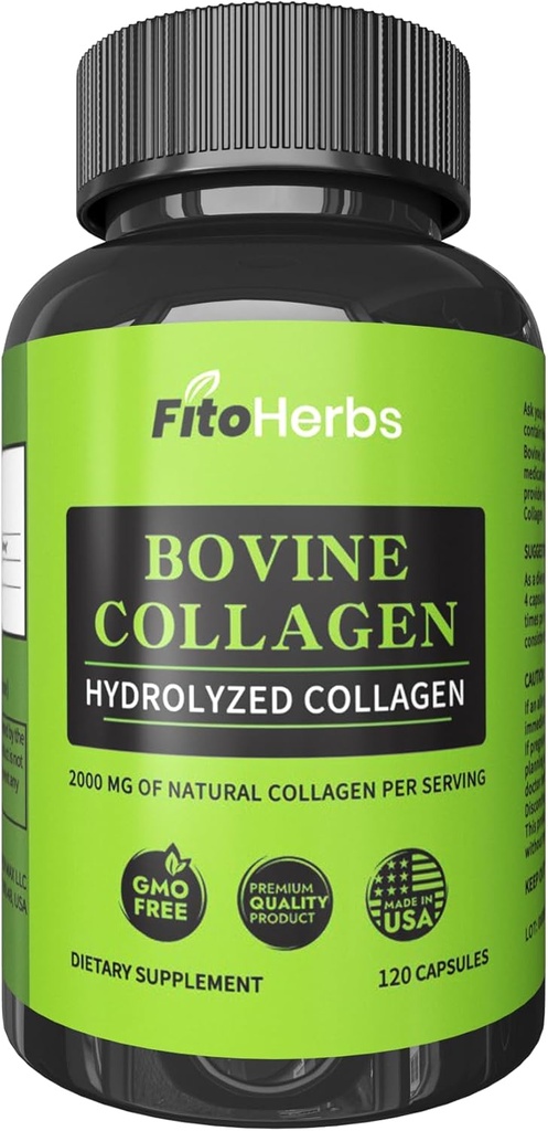 Capsules de collagène végétalien Bovin - Suppléments puissants pour les hommes et les femmes - Supplément de collagène bovin hydrolysé Peptides pour le soutien des articulations, des nerfs et des os - herbe phénée, non-OGM - 120 capsules