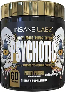 Insane Labz Psychotic Gold, High Stimulant Pre Workout Powder, Extreme Lasting Energy, Pumps and Endurance with Beta Alanine, DMAE Bitartrate, NO Booster (60 Servings, Fruit Punch)