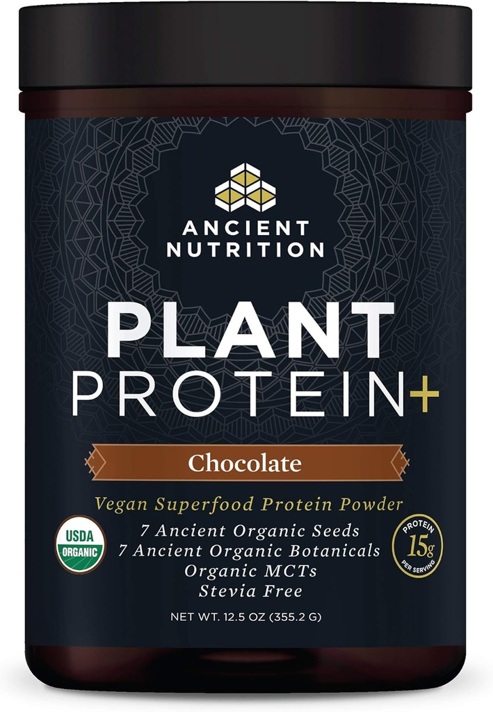 Ancient Nutrition Plant Based Protein Powder, Plant Protein+, Chocolate, Organic Vegan Superfoods Supplement, 15g Protein Per Serving, Glutenfrei, Paleo Friendly 12 Servieren