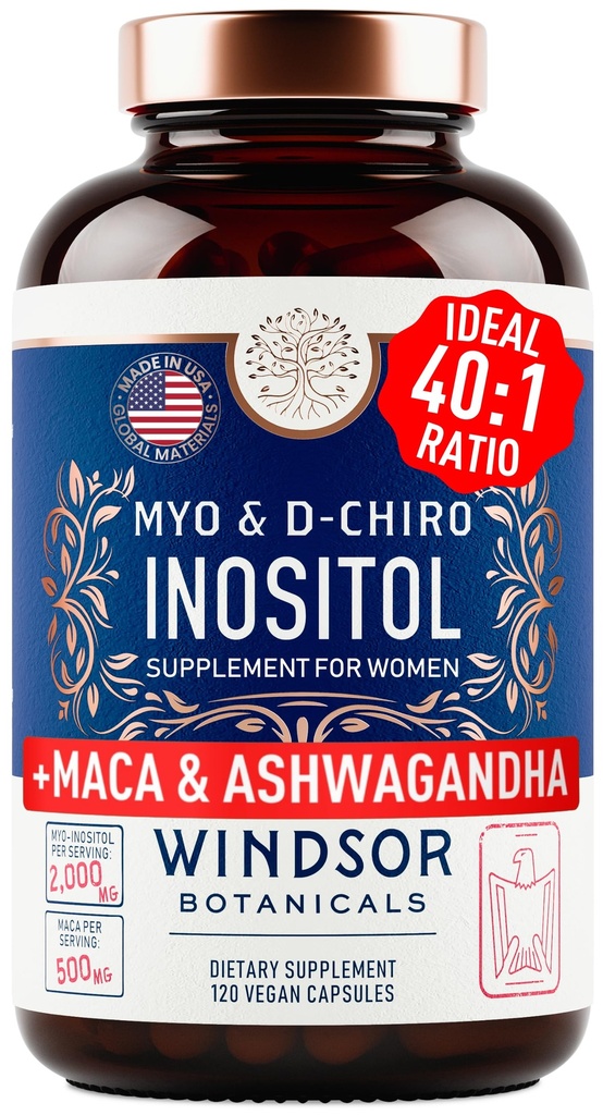 Myo e D-Chiro Inositol Supplemento 40:1 Ratio - 2000 mg Myo-Inositol plus Maca Root & Calming Ashwagandha - Sano supporto ovarico Vitamine e Integratori di fertilità per le donne - 120 capsule vegane