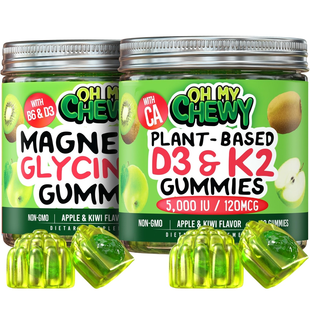 OH MY CHEWY Magnesium + D3K2 Gummies Bundle – 2 Bottles (60 Each) – Apple Kiwi