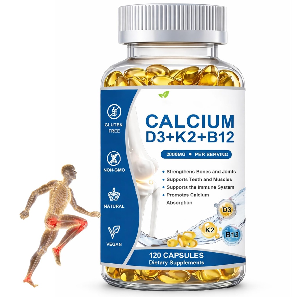 Calcio D3 K2 B12 Softgels, Calcium 2000mg with d3 & k2, Suplemento de Calcio, Strengthen Bones and Teeth, Boost Energy, Non-GMO, 120 Softgels