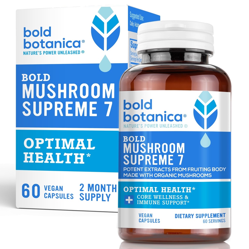 Bold Botanica Mushroom Supreme 7 – Pilzergänzung – Bio-Extrakte der Türkei Tail, Chaga, Phellinus, Reishi, Cordyceps, Maitake, Shiitake für Immununterstützung & Optimale Wellness, 60 Caps