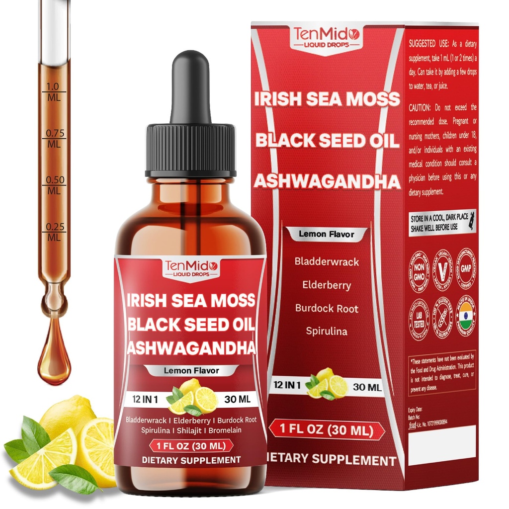 12in1 Sea Moss Drops with Black Seed Oil, Ashwagandha, Bladderwrack, Burdock Root, Elderberry, Spirulina, Shilajit, Bromelain, Turmeric & More - 30 Days Supply - 1FL Oz