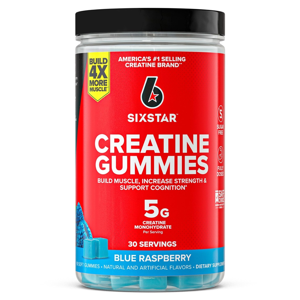 Six Star Sugar-Free Creatine Gummies for Men & Women - Pre & Post Workout Creatine Monohydrate Gummy for Muscle Building & Strength, Lean Muscle Gains & Recovery - Blue Raspberry, 30 Servings