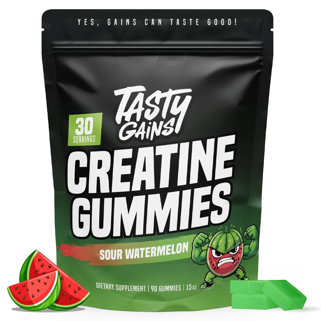 TASTY GAINS Creatine Gummies, 90g of Creatine, Non-GMO, Vegan - Build Muscle & Boost Strength for Men & Women (1g Creatine Monohydrate Per Gummy) Made in USA (90, Sour Watermelon)