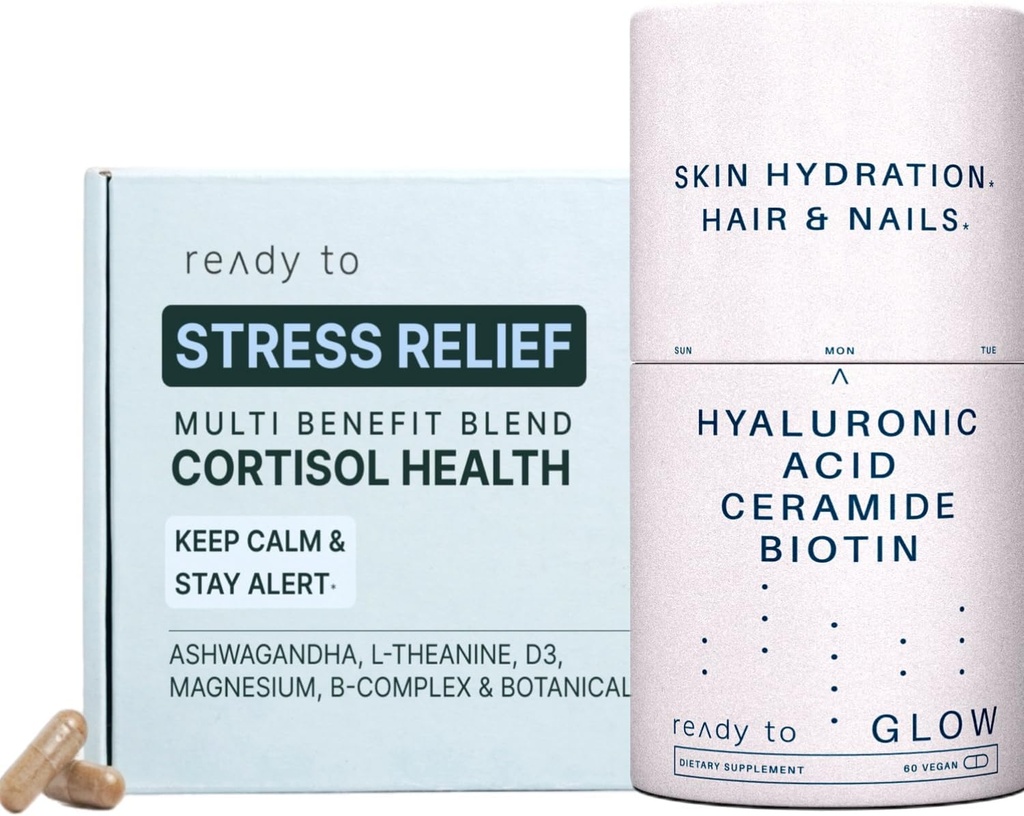 Skin & Stress Relief Set | Integratori di salute e antiinvecchiamento di Cortisol con Ashwagandha, Acido ialuronico, Ceramides, Biotin & Antioxidants | Calm, Skin & Hair Support