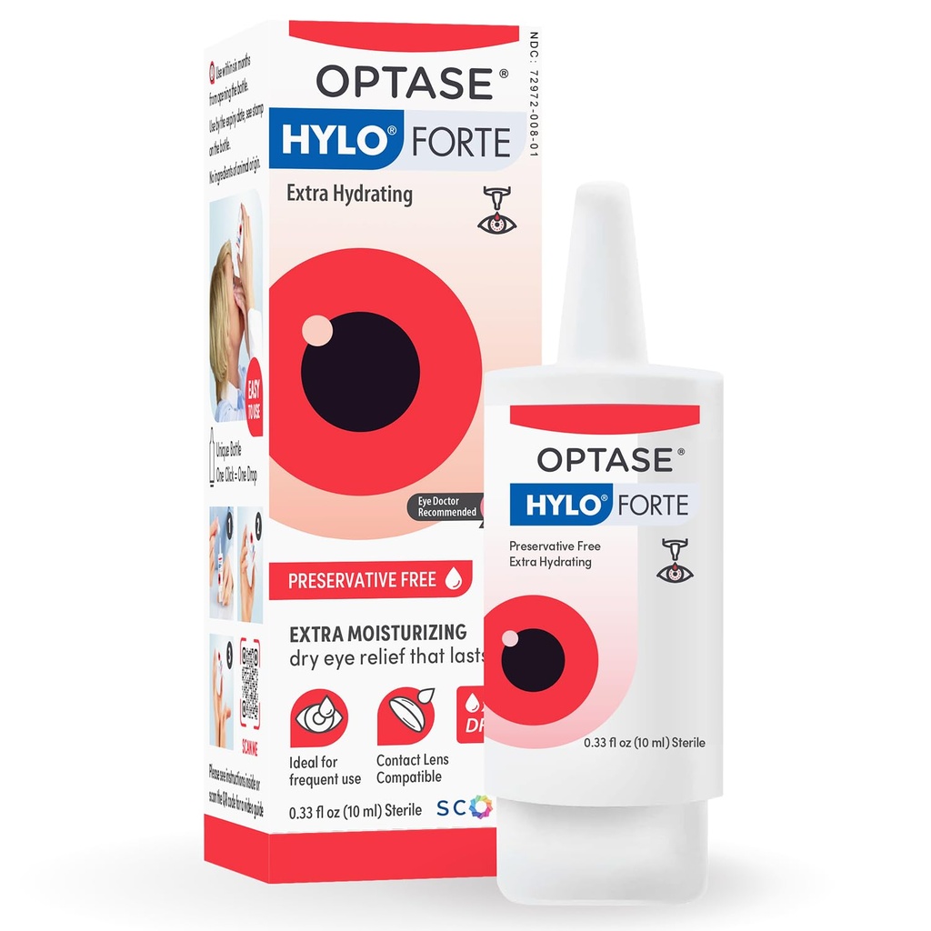 Optase HYLO Forte Dry Eye Drops, Preservative-Free 300 Drops – Extra Moisture – Active Glycerin & Hyaluronic Acid – Contact Lens Compatible – 0.33 fl oz