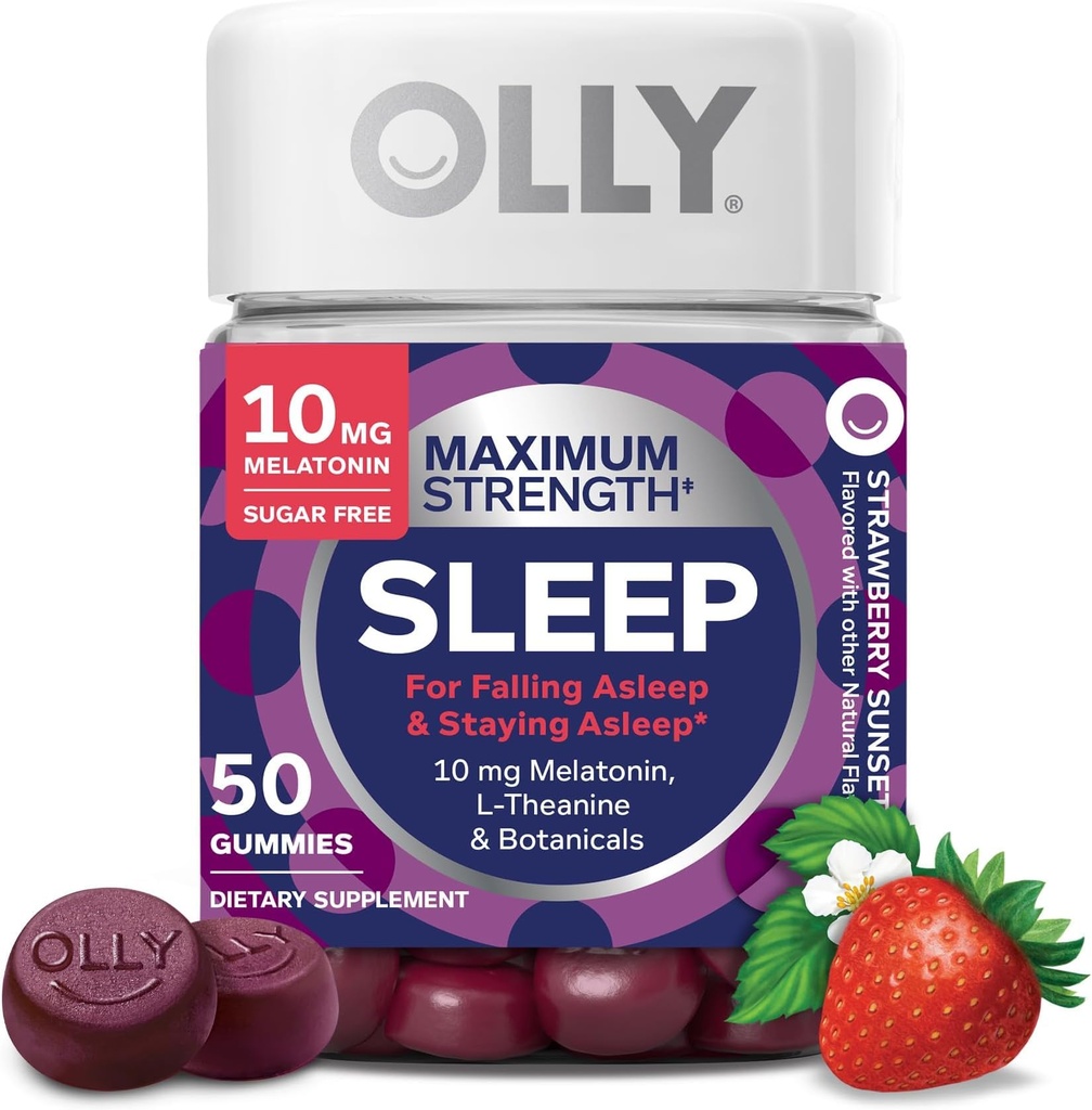 OLLY Max Strength Sleep Gummy, 10mg Melatonin, L-Theanine, Chamomile, Lemon Balm, Sugar Free, Vegetarian Sleep Aid, Strawberry - 50 Count (Pack of 12)