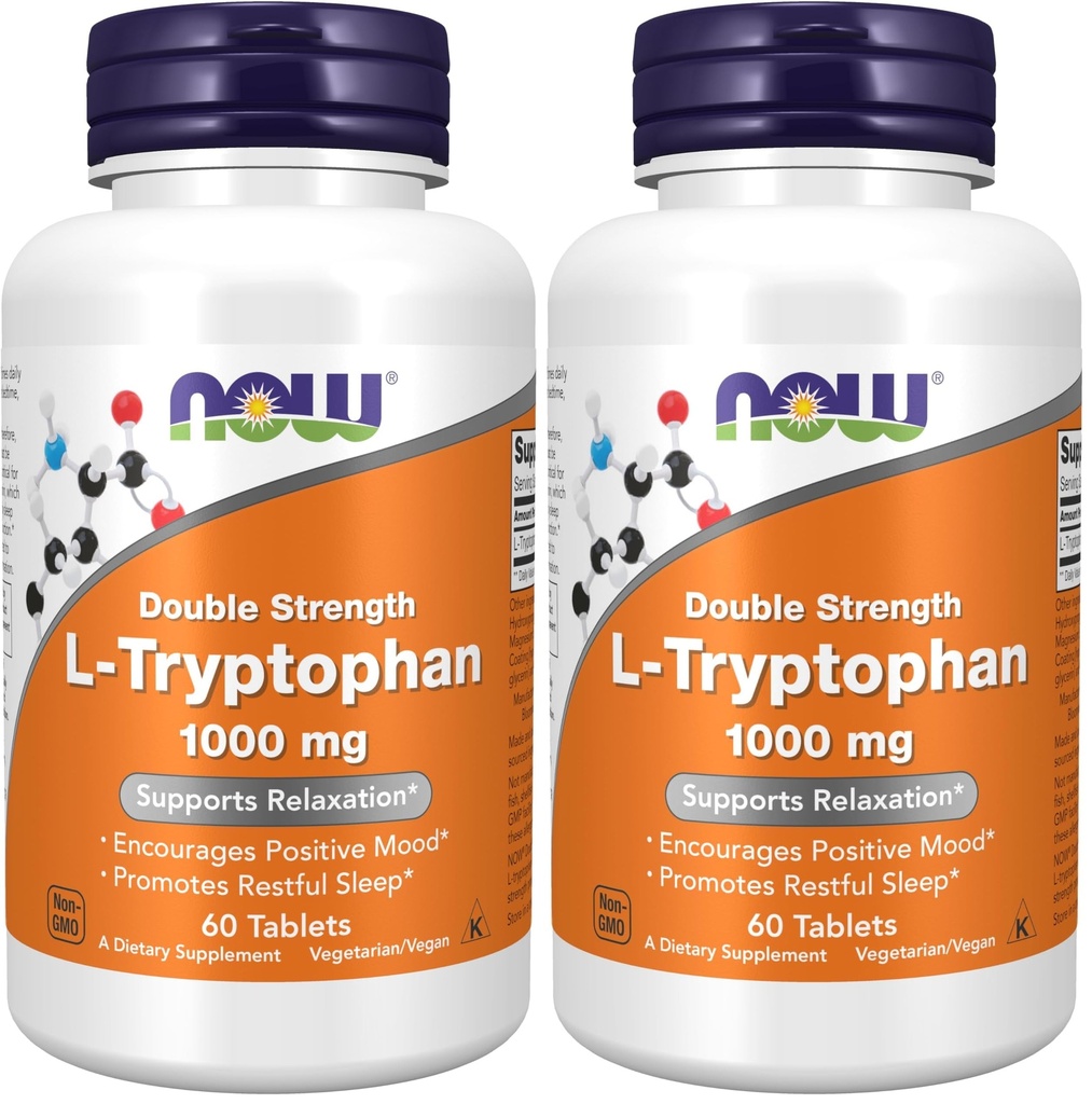 NOW Foods Supplements, L-Tryptophan 1,000 mg, Double Strength, Encourages Positive Mood*, Supports Relaxation*, 60 Tablets (Pack of 2)