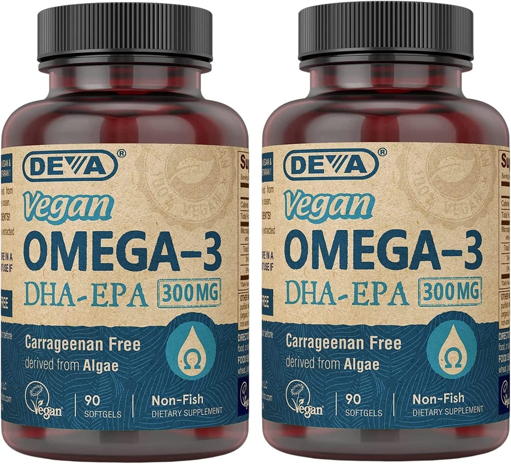 DEVA Vegan DHA-EPA Nahrungsergänzungsmittel, Non-Fish Abgeleitet von Algae, 300 mg Potency, 90 Vegetarische Softgele - Paket von 2