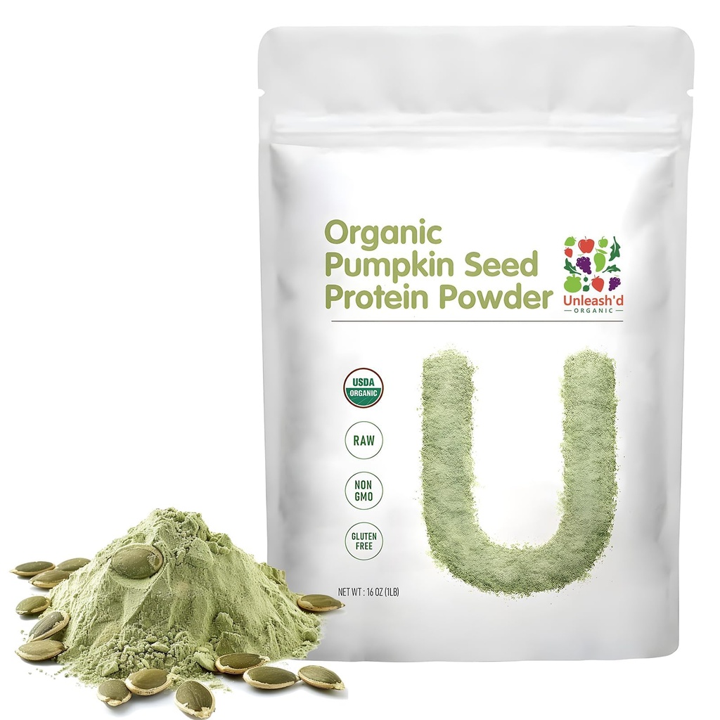 Unleash’d Organic Pumpkin Seed Protein Powder 16oz – Plant-Based Organic Protein, Vegan, Non-GMO, No Artificial Sweeteners, Immune Support