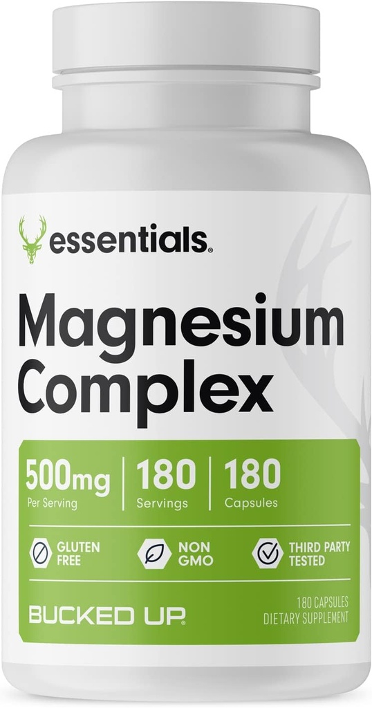 Magnesium Supplement 500mg Kapseln | Magnesium Complex mit Glycinat, Citrat und Oxid | 3 Aktive Formen von Magnesium | Easy on Stomach | Made in USA | Bucked Up Essentials (180 Portionen)