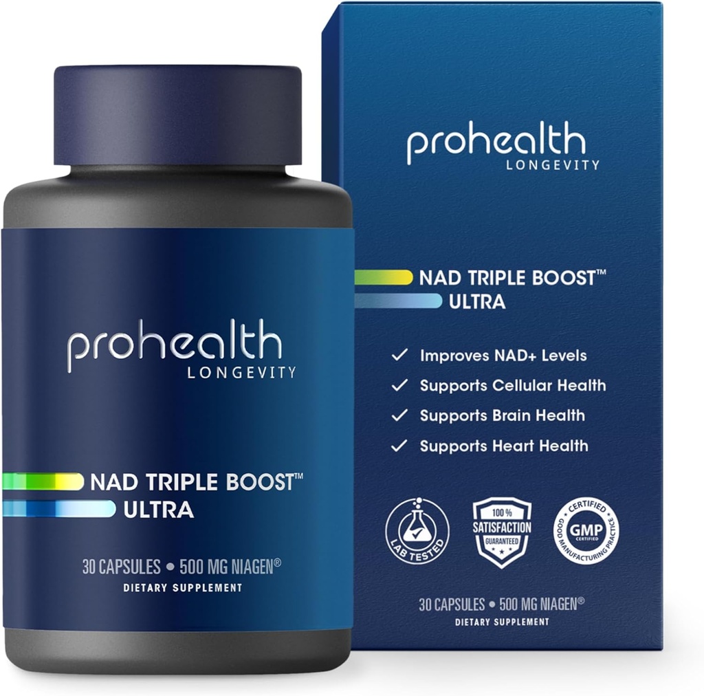 ProHealth NAD Triple Boost Ultra + 500mg Niagen NR. 3X NAD+ Optimizer Plus Apigenin, PQQ, Quercetin. Fördert Langlebigkeit, Herz- und Hirngesundheit, aktiviert Sirtuine für zelluläre Reparatur (30 Portionen)