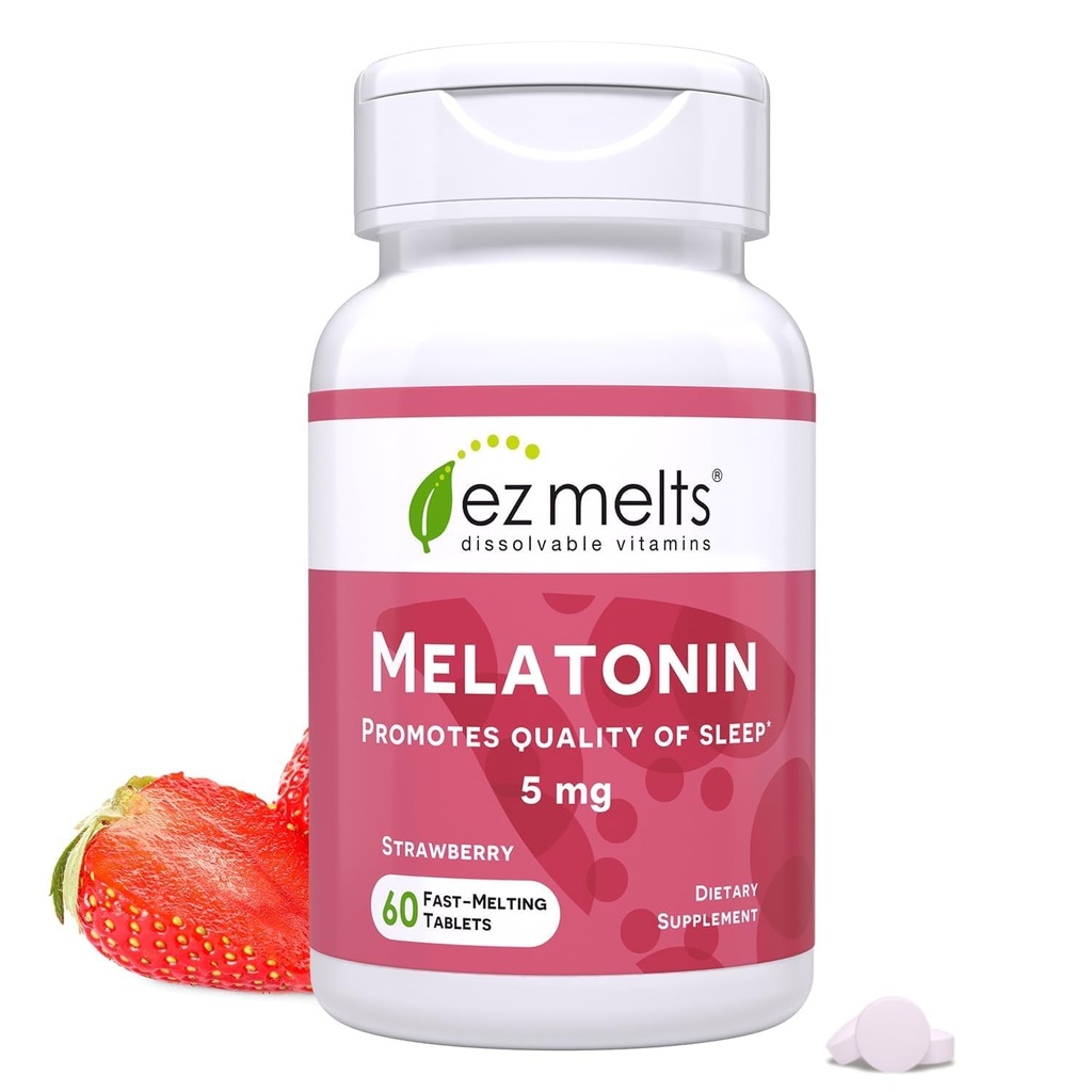 EZ Melts Melatonin - Sleep Support Supplement - No Artificial Flavors - Non-GMO & Sugar-Free - Strawberry - 60 Dissolvable Tablets (60 Servings)