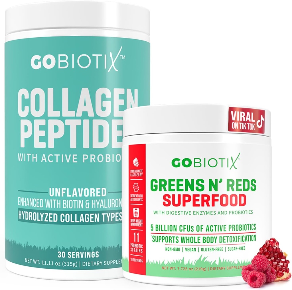 GOBIOTIX Super Greens & Collagen Bundle - Vitality Boost avec Spiruline biologique et soutien à la peau des cheveux - 30 portions chacune