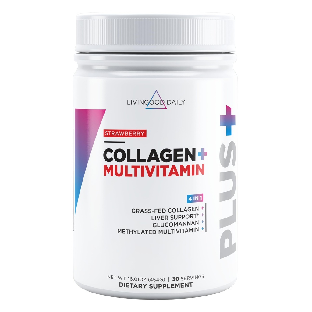 Livingood Daily Collagen Powder for Women & Men, Grass Fed Hydrolyzed Collagen Peptides, Protein & Multivitamins for Healthy Hair, Skin & Nails, Keto & Paleo, Gluten Free, Strawberry, 30 Servings