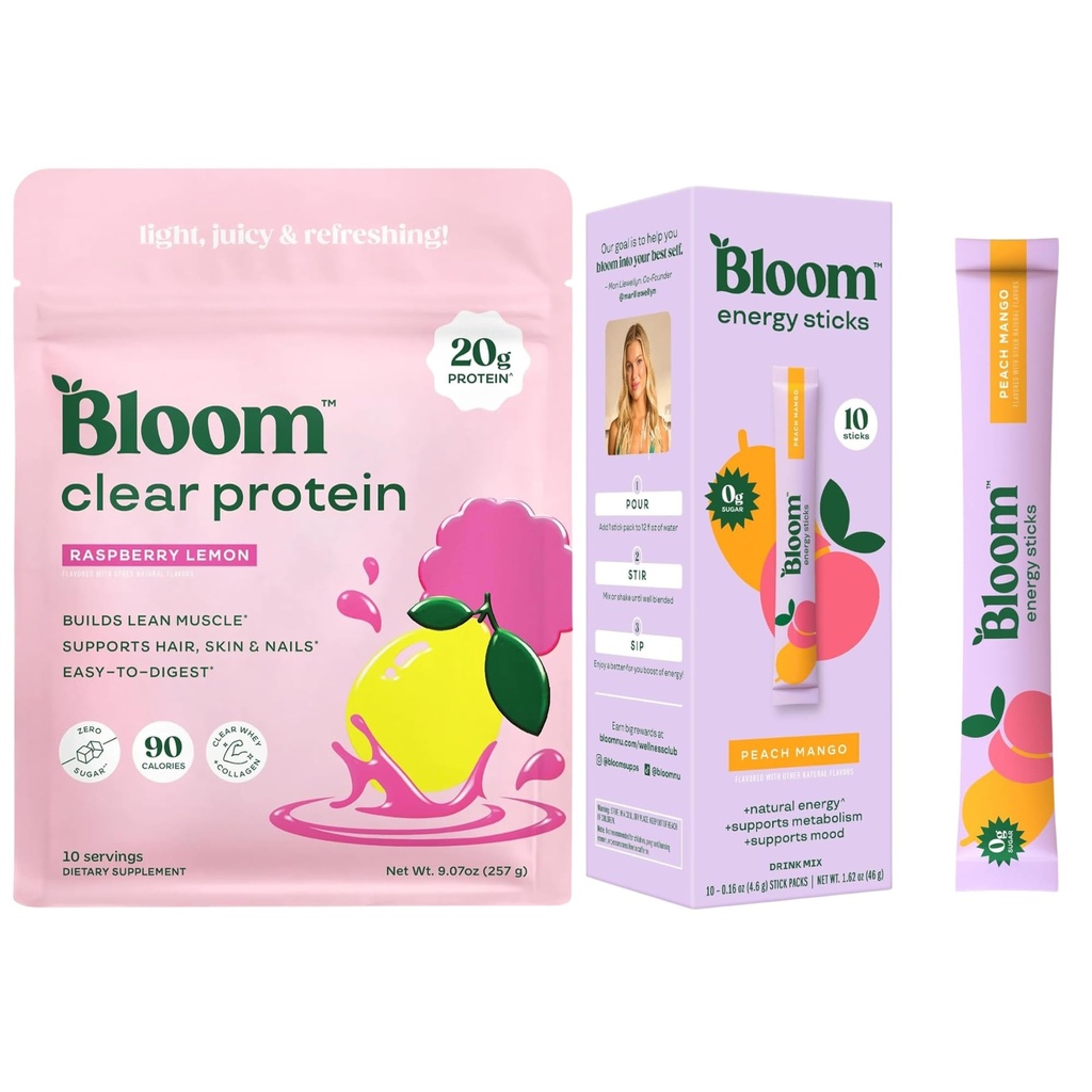 Bloom Raspberry Lemonade Clear Protein and Peach Mango Energy Packets Bundle