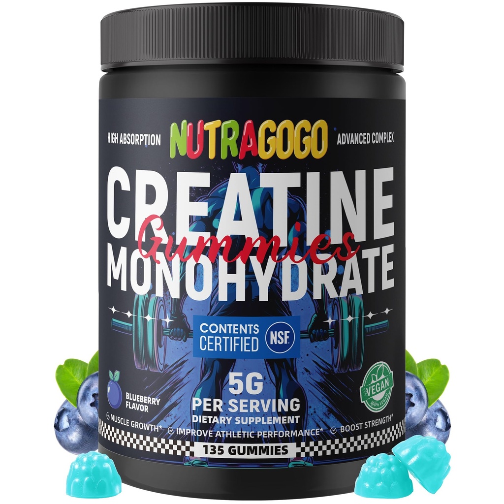 NSF Certified Creatine Gummy - Creatine Monohydrate Gummies for Men & Women-5g of Creatine Monohydrate per Serving - Sugar Free,Vegan, Blueberry Electrolyte Chews, 135 Count
