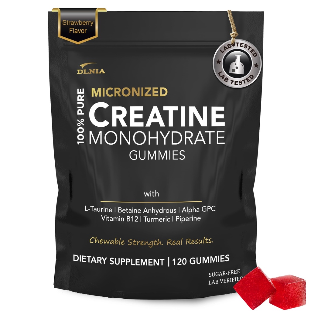 Creatine Monohydrate Gummies for Men & Women - Sugar Free & Vegan Advanced Formula W/L-Taurine + Vitamin B12 - for Muscle Strength, Muscles Builder, Recovery (120 Count (Pack of 1), Strawberry)