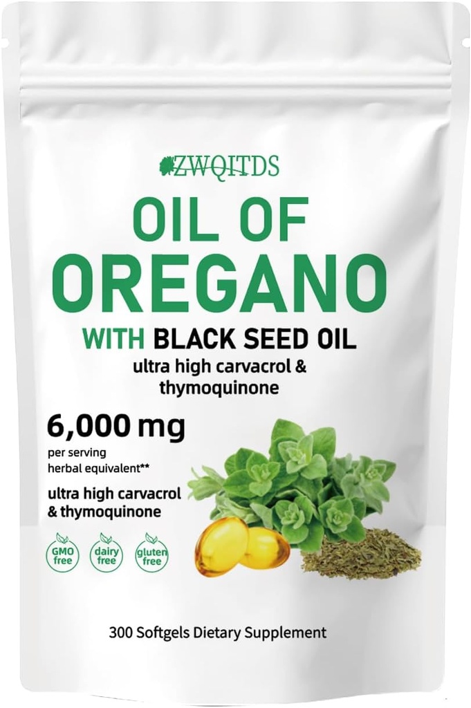 Olio di origano con olio di semi nero 2-in-1 Softgels 6000mg 300 Count Non-GMO Immune Support Formula di erbe