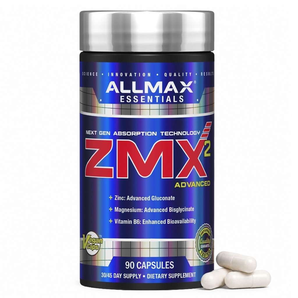 ALLMAX Nutrition ZMX2 Zinc Magnesium Vitamin B6 (P5P) Supplement – Chelated Magnesium Complex & Zinc Gluconate – Vegan, Gluten-Free ZMA Capsules, 90 Capsules
