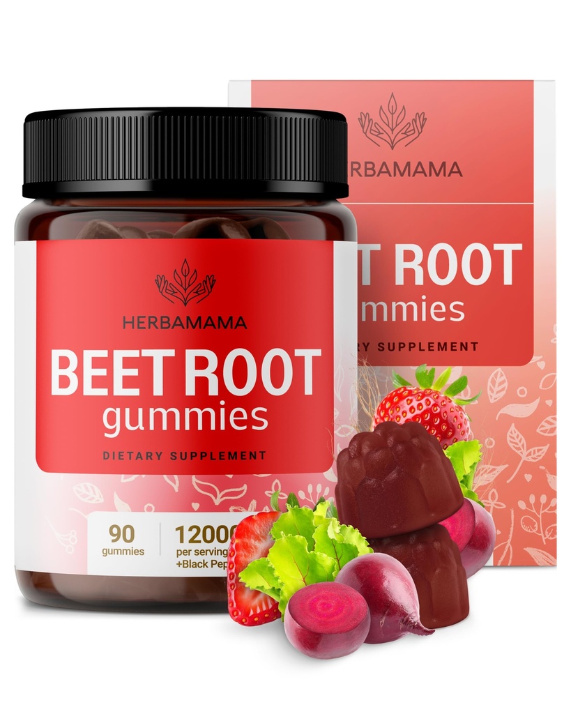 Gommies de racines de betteraves HERBAMAMA - 12000mg Betteraves rouges avec extrait de poivre noir pour un soutien global - Vegan, Supplément anti-oxydant non-OGM - 90 Pectines à base de fraises aromatisées