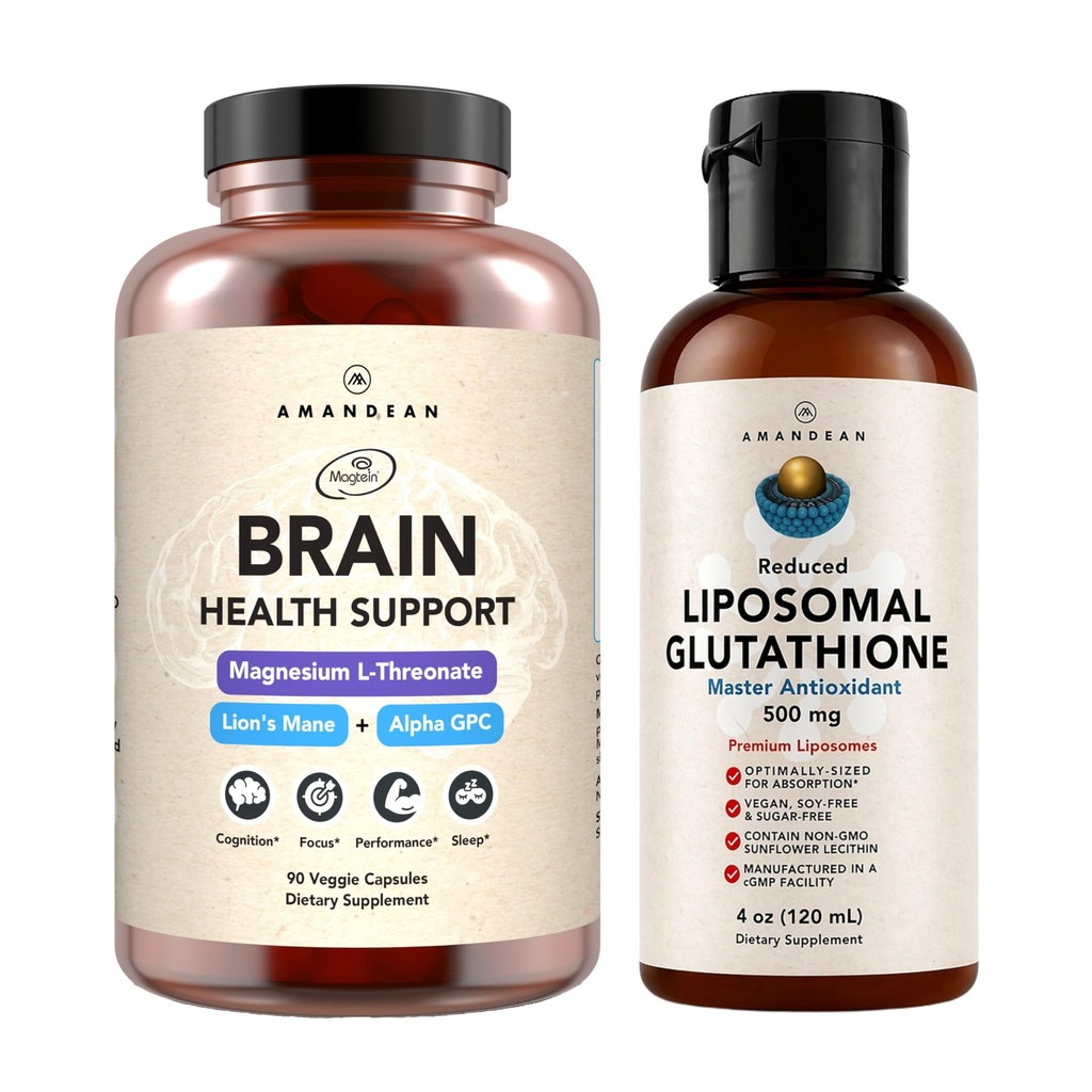 AMANDEAN Premium Brain Health Supplement & Liposomal Glutathione Bundle. Dreifache Formel mit Magnesium L-Threonate, USA-Grown Bio Lion's Mane 6:1 Extrakt und Alpha-GPC. Unterstützung Kognition, Fokus &amp; Fokus