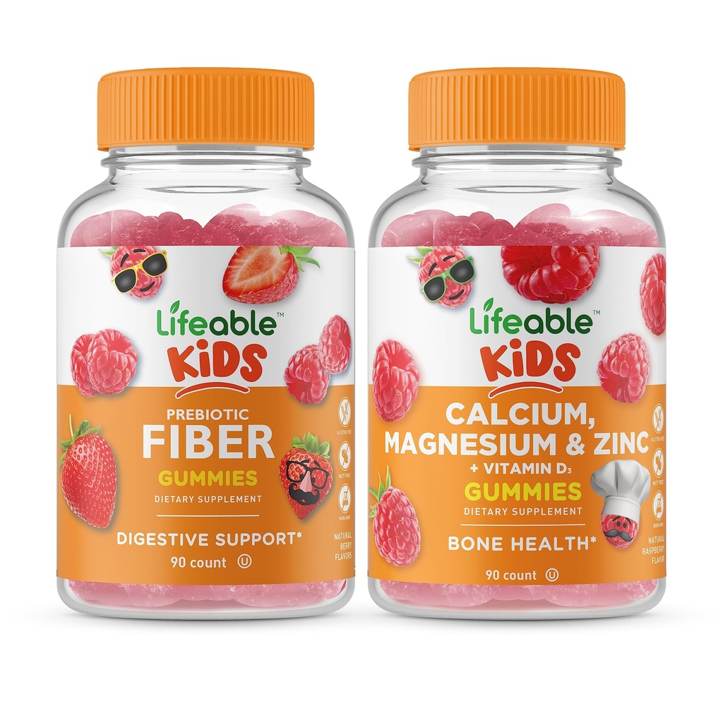 Fibre prébiotique vivace enfants + Calcium Magnésium & Zinc enfants, Gommies Bundle - Grande dégustation, supplément de vitamine, sans gluten, sans OGM, gommy à croquer