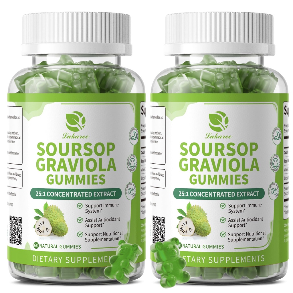 (2 Pack) Gommies de Sourop Graviola - Feuilles de Sourop Extrait avec Vitamine C, Zinc et aliments naturels entiers pour l'immunité, le foie, le zzz et l'antioxydant, sans gluten, végétalien, 120 Gommies