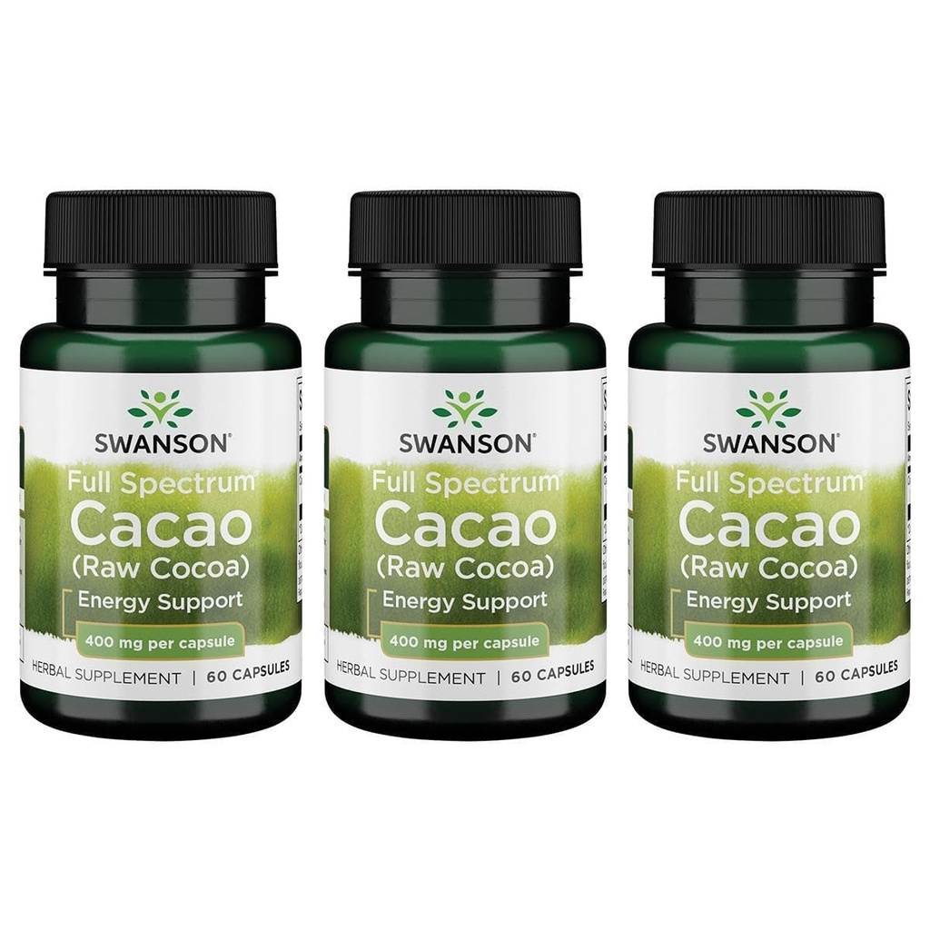 Swanson Full Spectrum Cacao (Raw Cocoa) - Herbal Supplement Promoting Mild Energy Support - Traditional Whole Fruit Formula - (60 Capsules, 400mg Each) (3 Pack)