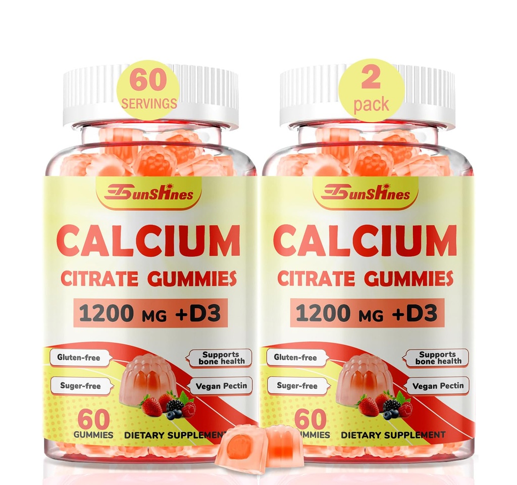 6-in-1 Calcium Gummies 1200mg – Bone & Immune Support with D3 K2, B6, B12 VC & Zinc – High Absorption Citrate, Sugar Free for Women and Kids(60 Count (Pack of 2))
