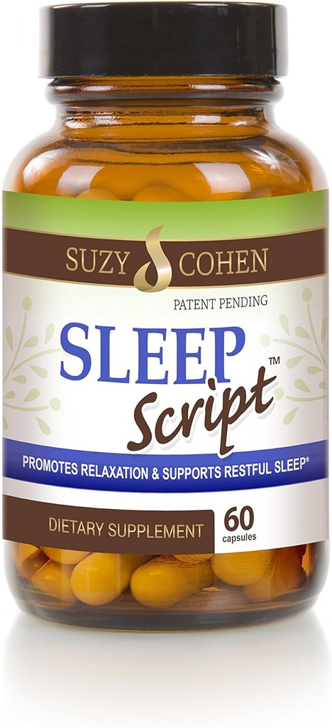 Suzy Cohen Sleep Script with Melatonin - Botanical Sleep and Relaxation Formula for Adults for Mood, Stress and Sleep, Contiene 5-HTP, L-theanine, Passionflower, Lemon Balm e GABA 60 Capsules.