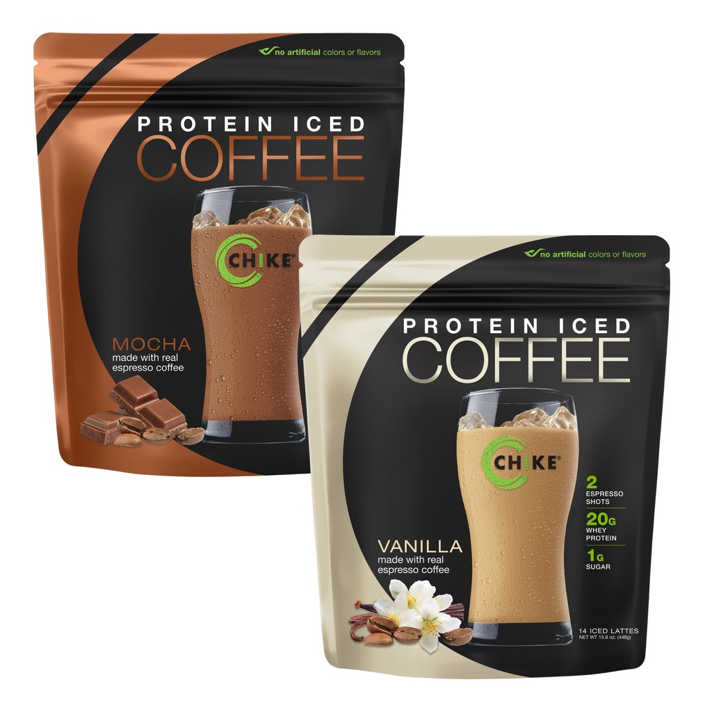 Chike High Protein Iced Coffee Best Sellers Bundle Mocha & Vanilla, 20 G Protein, 2 Shots Espresso, 1 G Sugar, Keto Friendly and Gluten Free, Two 14 Serving Bags, 24 Servings
