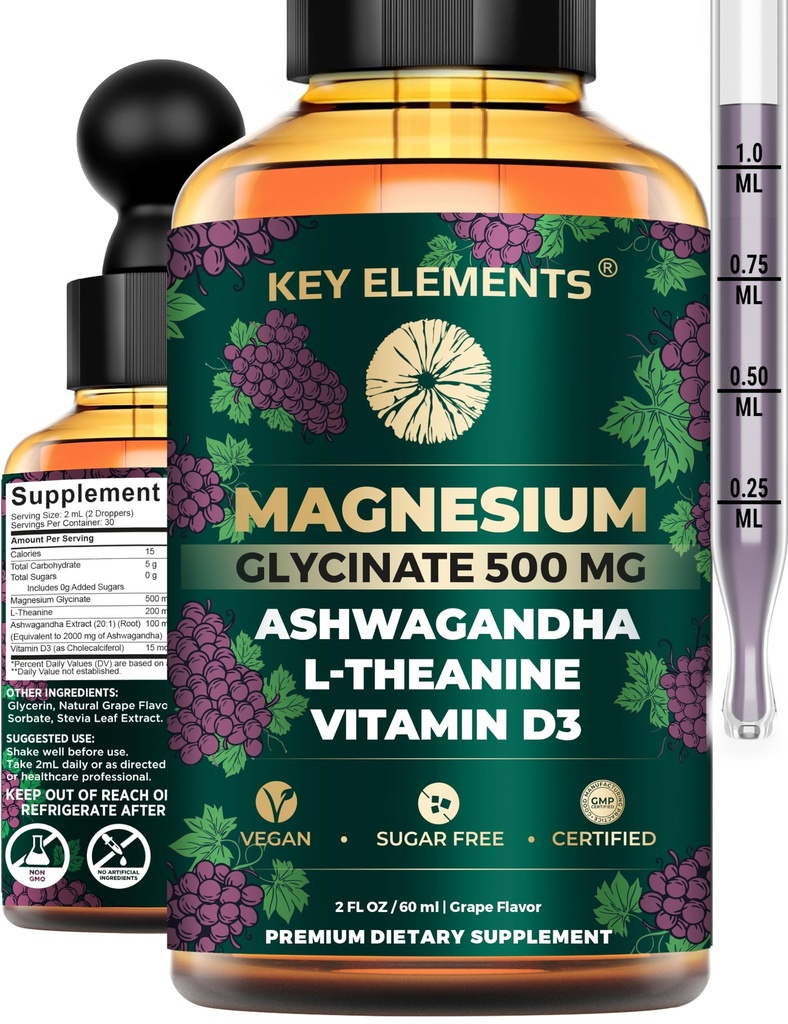 Liquid Magnesium Glycinate 500mg | Ashwagandha with L Theanine and Vitamin D3 Magnesium Supplement | Ashwagandha and Magnesium with L-Theanine | Stress Relief, Sleep and Calm