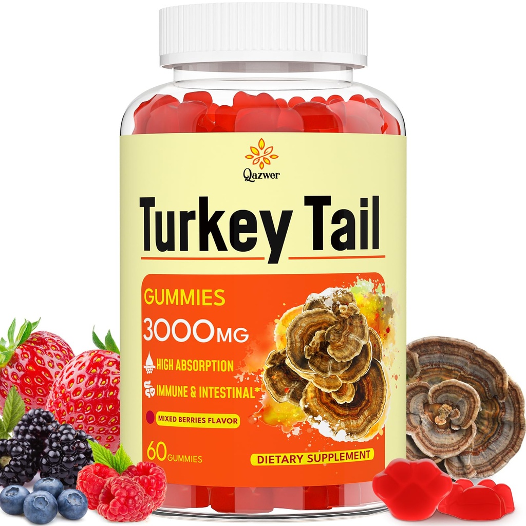 Türkei Tail Mushroom, Türkei Tail (100% Fruchtkörper, 40% Beta Glucans) hinzufügen Black Pepper, Pilzgummis für Gut, Energie, Gehirn & Immununterstützung, Gemischte Beeren Flavor | Vegan, Non-GMO, 60ct