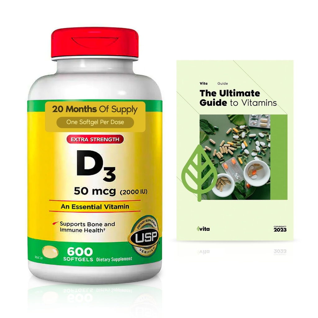 Extra Strength Vitamin D3 50 mcg (2000 IU) Softgels, 600 Count, Daily Dietary Supplement + Exclusive Vtmx Vitamin Guide