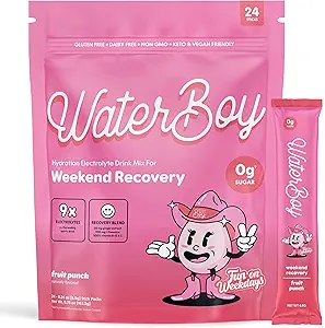 Waterboy Weekend Recovery x FOW | 3,200mg Electrolyte Powder Packets | Ginger + L-Theanine + Vitamine | No Sugar, All Natural, Gluten Free | 24 Drink Stick Mixs (Fruit Punch)