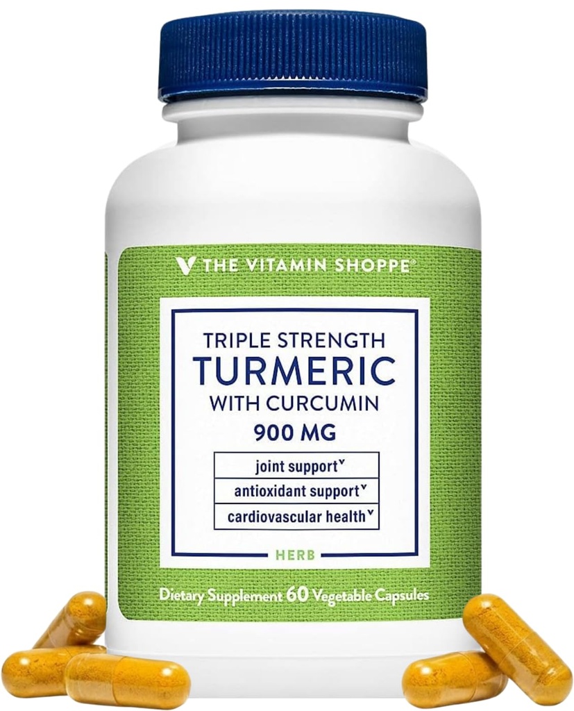 Der Vitamin Shoppe Triple Strength Turmeric mit Curcumin 900mg, unterstützt Gelenkmobilität & bietet antioxidative Vorteile & 5mg Bioperine zur Verbesserung der Nährstoffaufnahme - Einmal täglich (60 Kapseln)