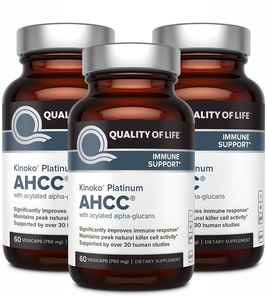 Quality of Life AHCC Kinoko Platinum 750 mg – Premium Immune Support Supplement, Pack of 3-60 Count Bottles